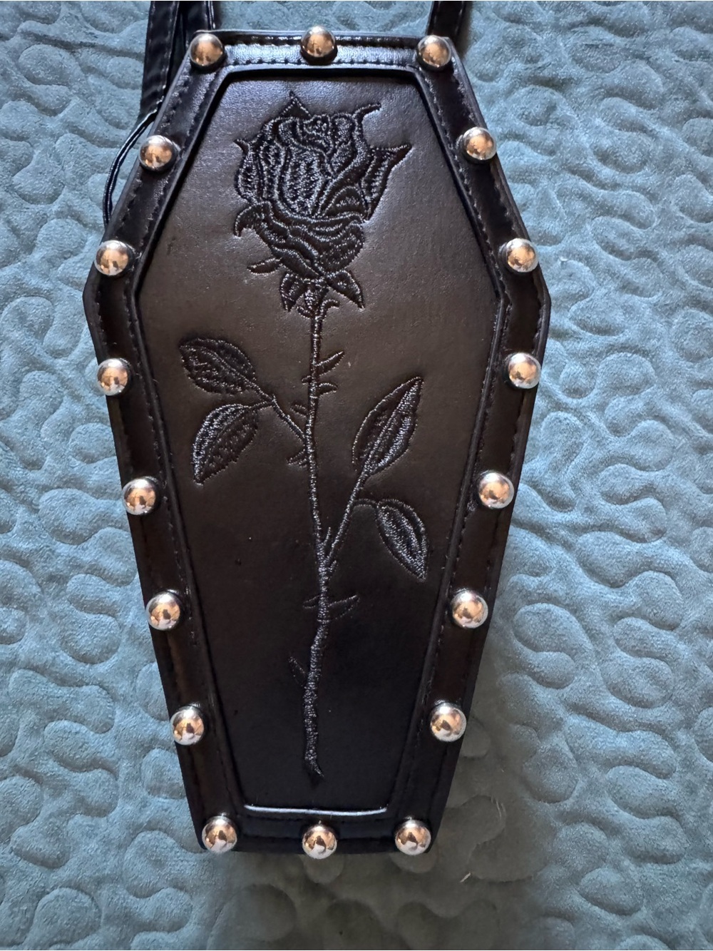 Black Coffin-Shaped Crossbody bag with Embroidered Rose & Stud Trim - Picture 2 of 8